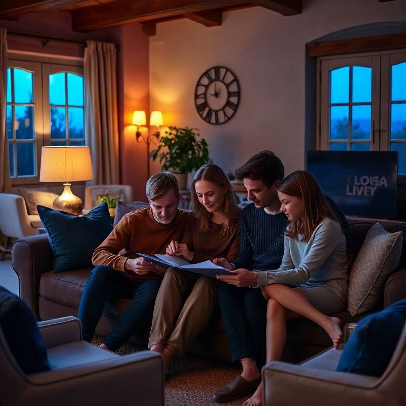 Familia revisando documentos en un living cálido de la Patagonia