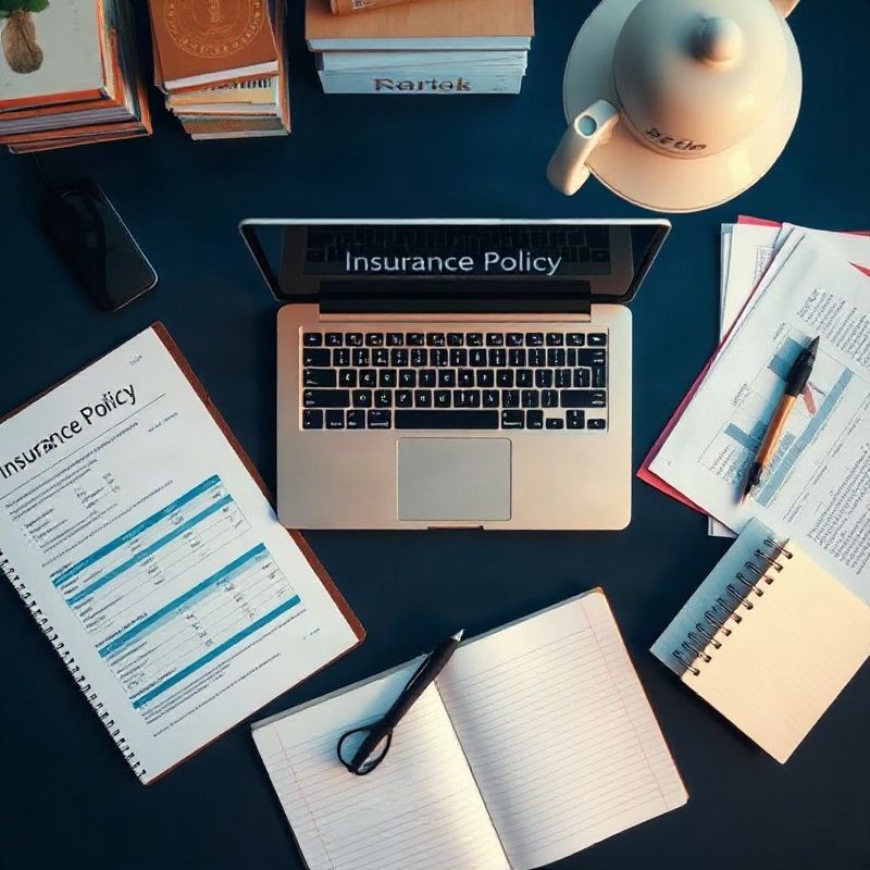 Documentos de pólizas y análisis de datos sobre un escritorio índigo